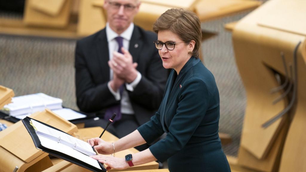 First Minster Nicola Sturgeon speaks at First Minster's Questions in the debating chamber of the Scottish Parliament at the Scottish Parliament on October 28,