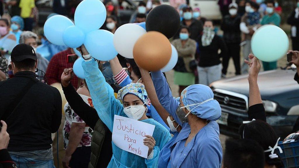 Health workers demand justice on Nurse Keyla Martinez's death durign her funeral in La Esperanza, Honduras, on February 9, 2021.