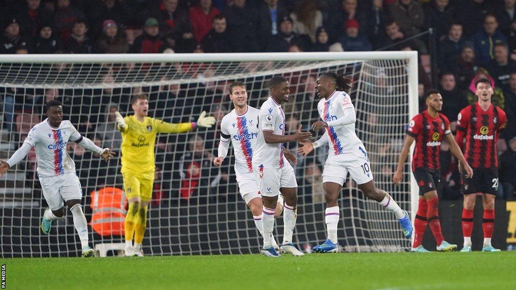 Eberechi Eze celebrates scoring for Crystal Palace at Bournemouth