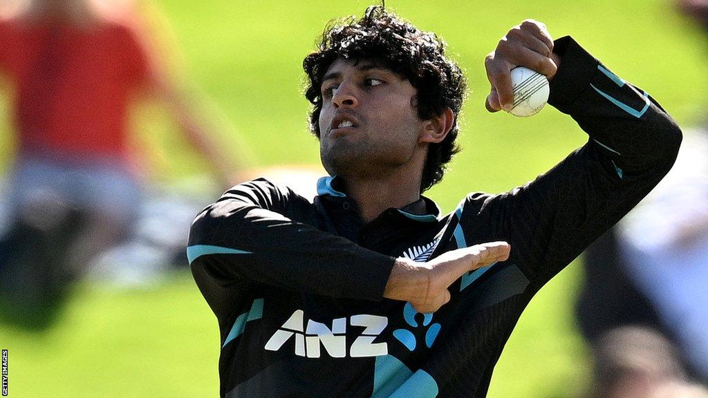 New Zealand's Rachin Ravindra bowls