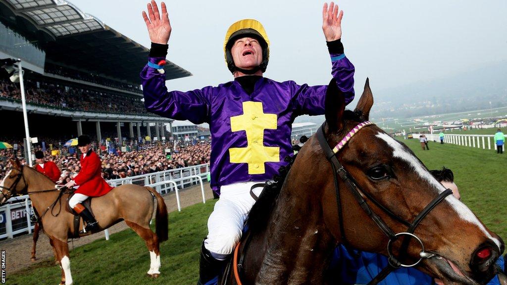 Russell celebrates after his Cheltenham Gold Cup win on Lord Windermere in 2014