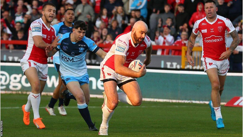 Kane Linnett breaks away to score Hull KR's first try against Batley