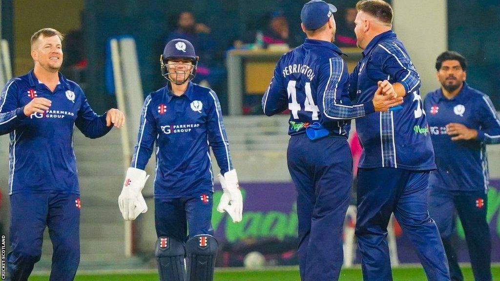 Scotland players celebrate after winning the T20 series against the United Arab Emirates