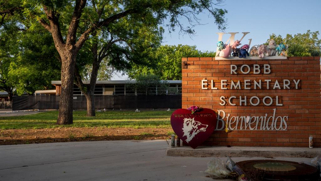 memorial dedicated to the 19 children and two adults murdered on May 24, 2022 during the mass shooting at Robb Elementary School is seen on April 27, 2023 in Uvalde, Texas.