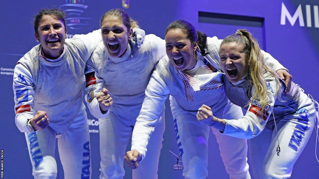 Arianna Errigo, second left, celebrates her gold with Italian team-mates (from left) Francesca Palumbo, Alice Volpi and Martina Favaretto