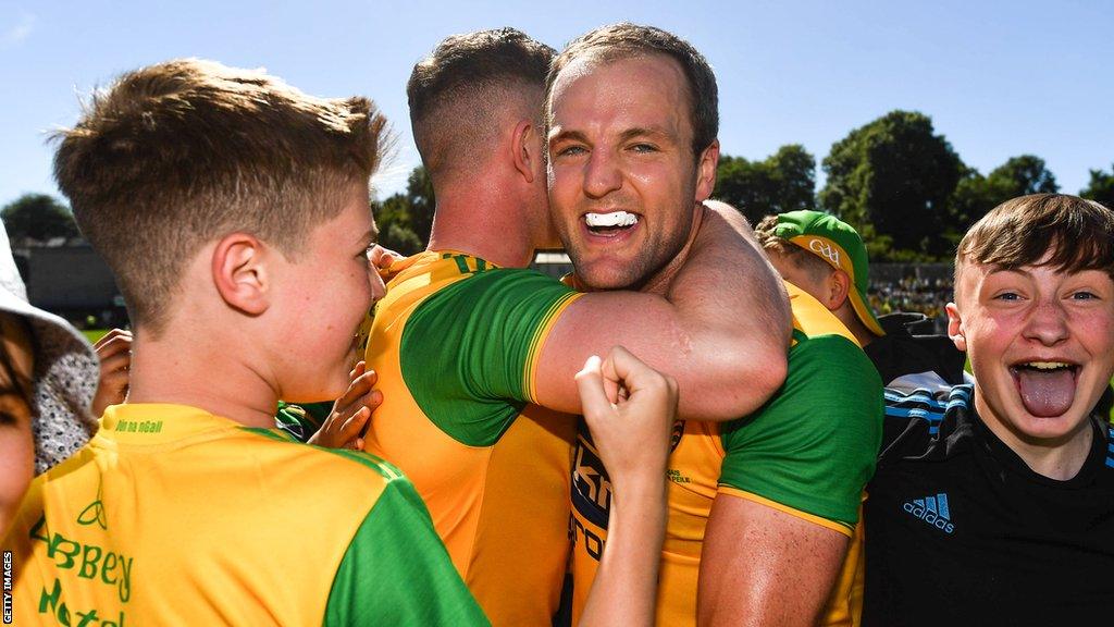 Michael Murphy celebrates with Donegal team-mates after beating Fermanagh in the 2018 Ulster decider