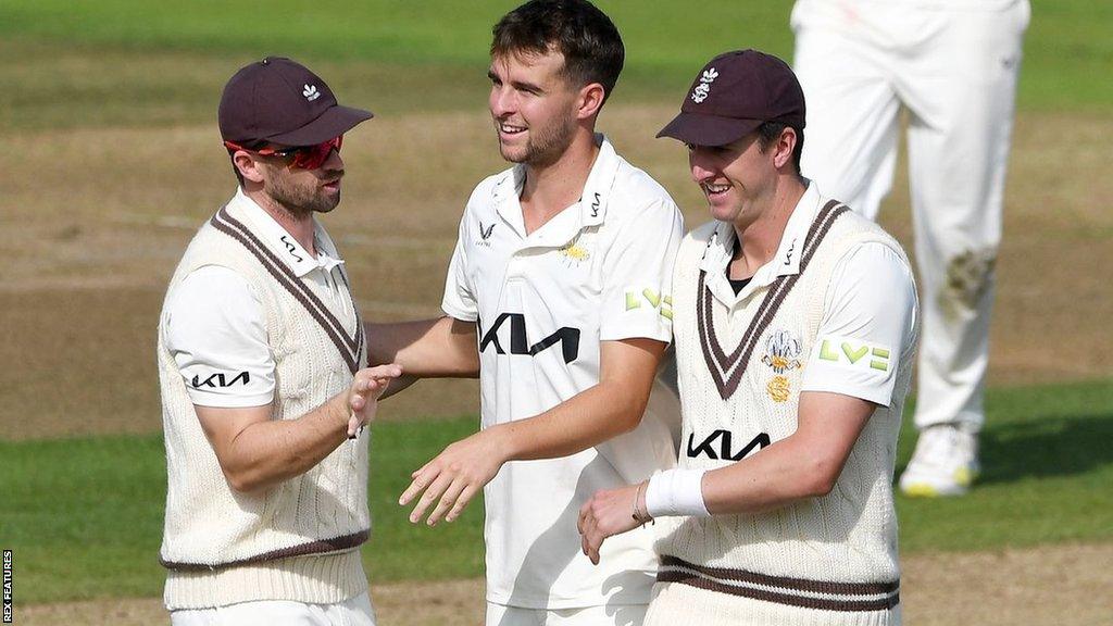 Tom Lawes takes a wicket for Surrey