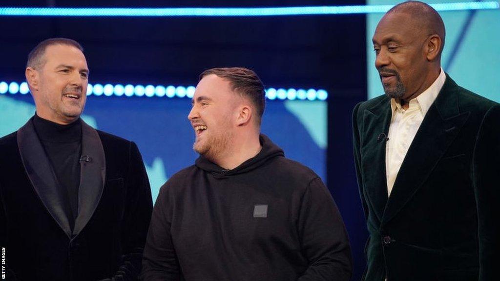 Paddy McGuinness, Luke Littler and Lenny Henry During the Red Nose Day night of TV for Comic Relief