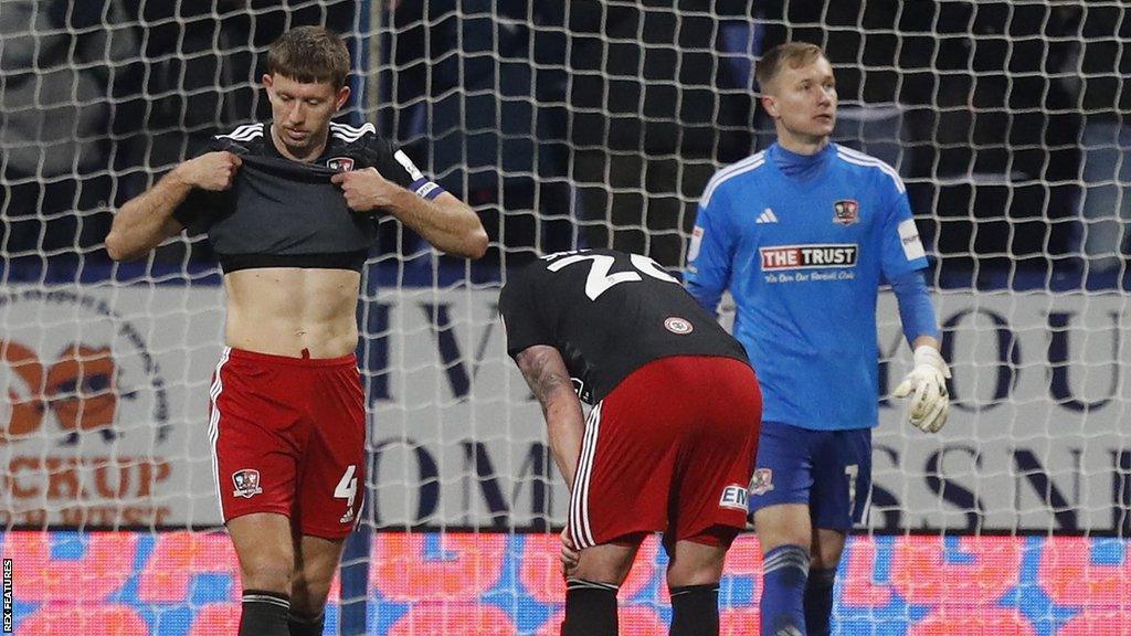 Dejected Exeter players after conceding a goal at Bolton