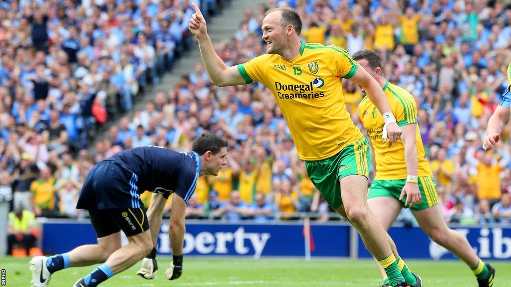 Donegal's Colm McFadden celebrates after netting past Dublin keeper Stephen Cluxton in the 2014 All-Ireland semi-final