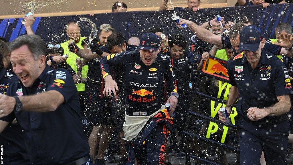 The Red Bull team celebrates Max Verstappen's 40th grand prix win