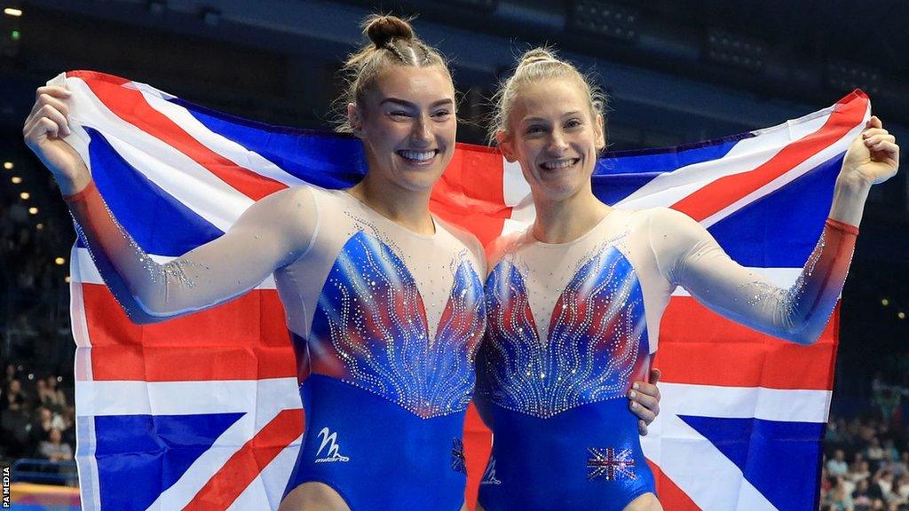 Bryony Page and Izzy Songhurst celebrate winning bronze in the women’s synchronised trampoline event at the 2023 Trampoline Gymnastics World Championships in Birmingham