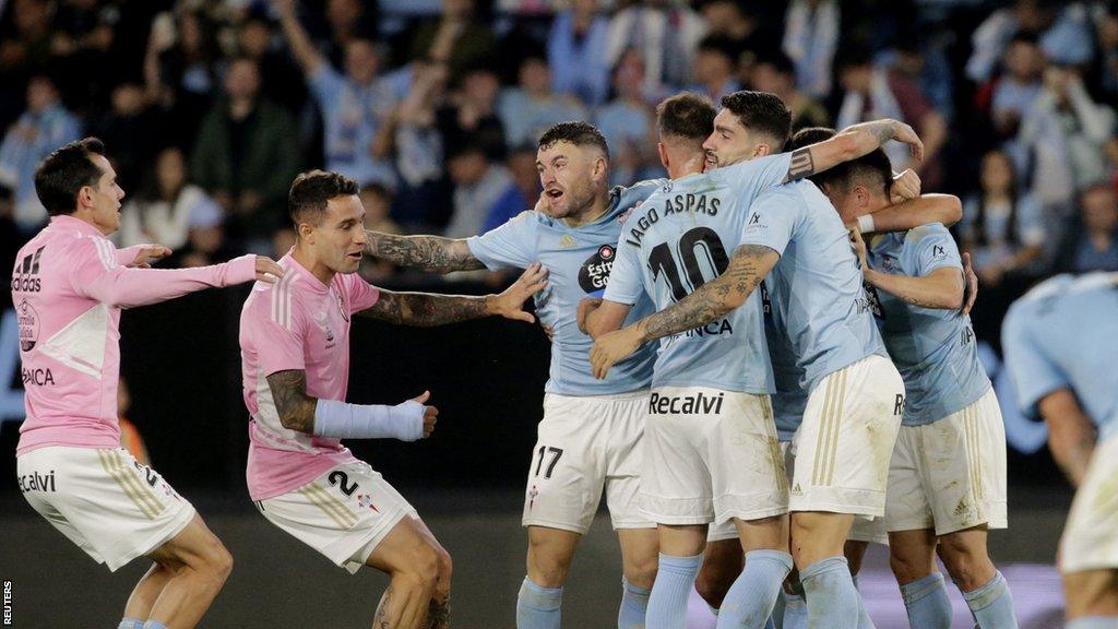 Celta Vigo celebrate beating Barcelona and avoiding relegation from La Liga