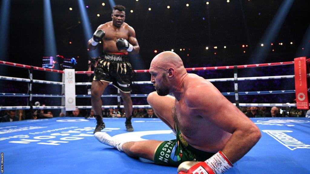 Francis Ngannou taunts Tyson Fury after knocking him down during their boxing contest in October