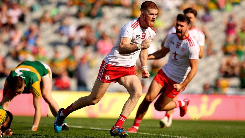 Cathal McShane celebrates after scoring one of his two goals in Tyrone's All-Ireland semi-final win over Kerry in 2021