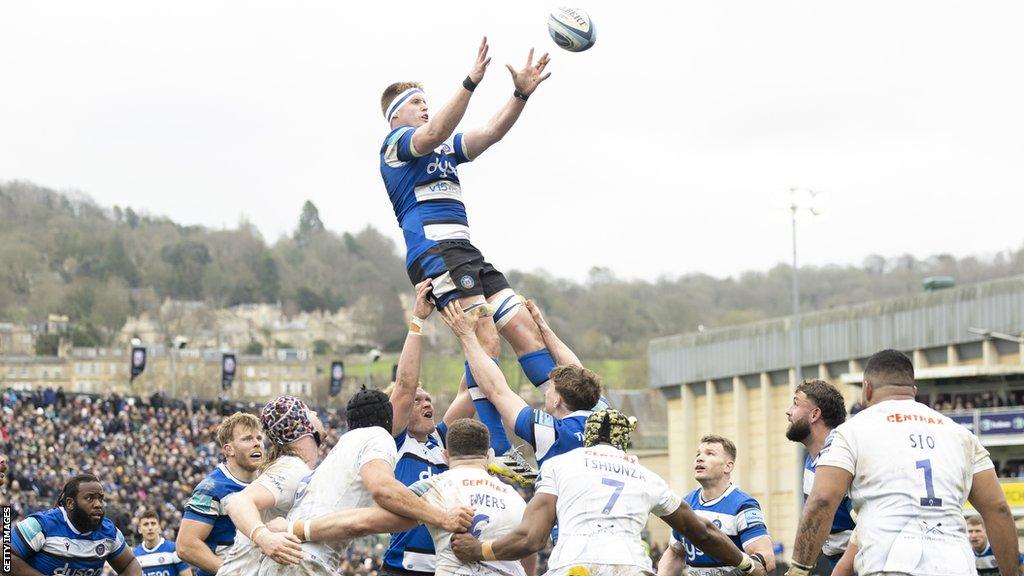 Bath Rugby's GJ van Velze claims a lineout during their Gallagher Premiership Rugby match against Exeter Chiefs at the Recreation Ground.