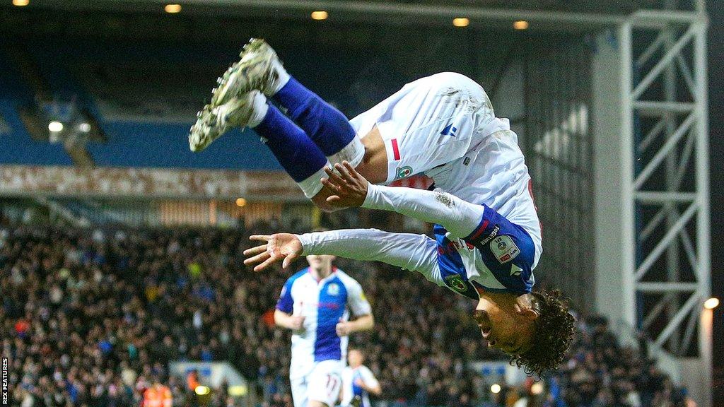 Tyrhys Dolan celebrates scoring for Blackburn Rovers against Blackpool in the Championship