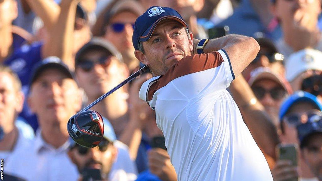 Rory McIlroy plays a tee shot at the Ryder Cup