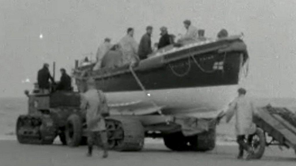 New launching carriage for lifeboats being tested at Wells-next-the-Sea in 1958.