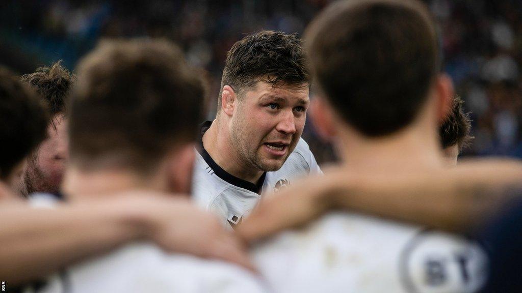 Grant Gilchrist addresses the Scotland team after their loss in Italy