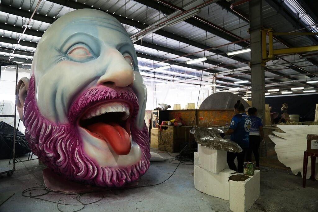 A close-up of a laughing figure made from polystyrene