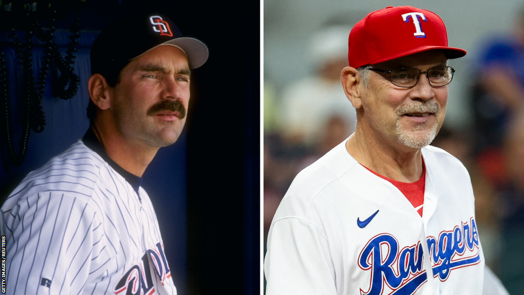 Bruce Bochy as manager of the San Diego Padres in 1995 and the Texas Rangers in 2023