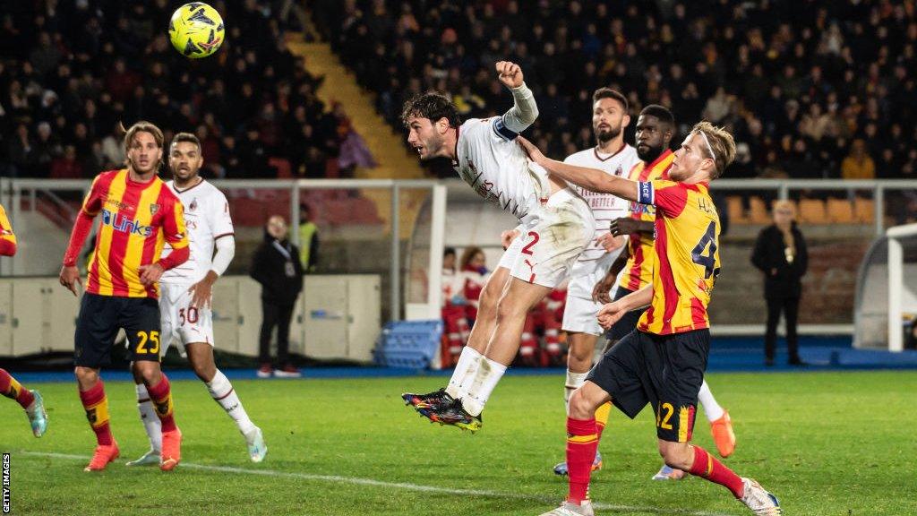 Davide Calabria heads AC Milan's second goal against Lecce