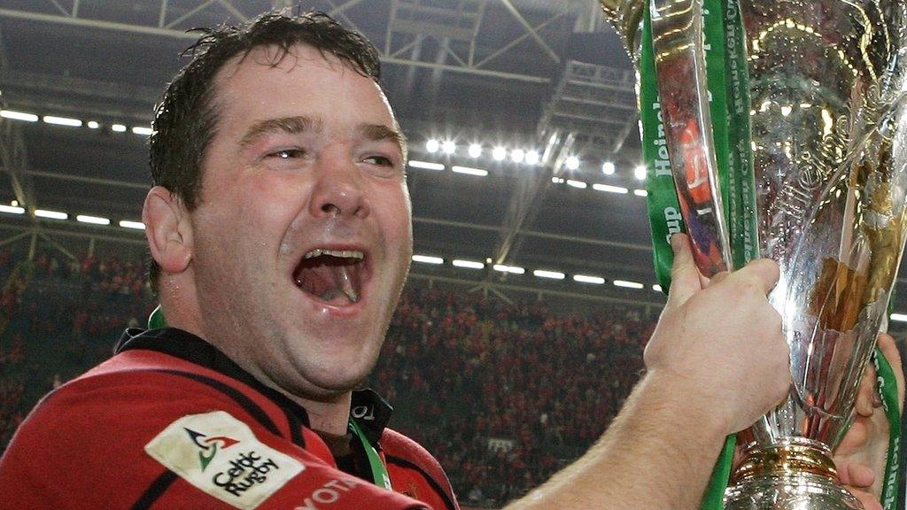 Anthony Foley celebrates with the Heineken Cup after Munster's victory over Biarritz in the 2006 final