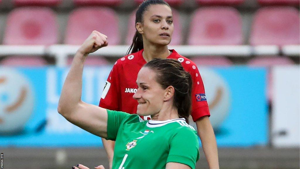 Sarah McFadden celebrates scoring one of her eight goals for Northern Ireland