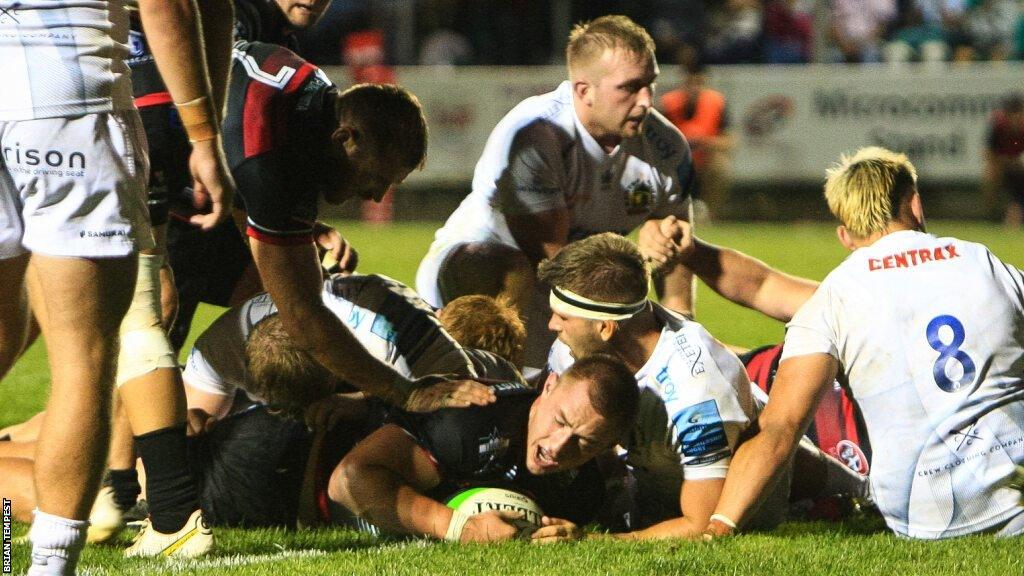 Cornish Pirates score a try against Exeter