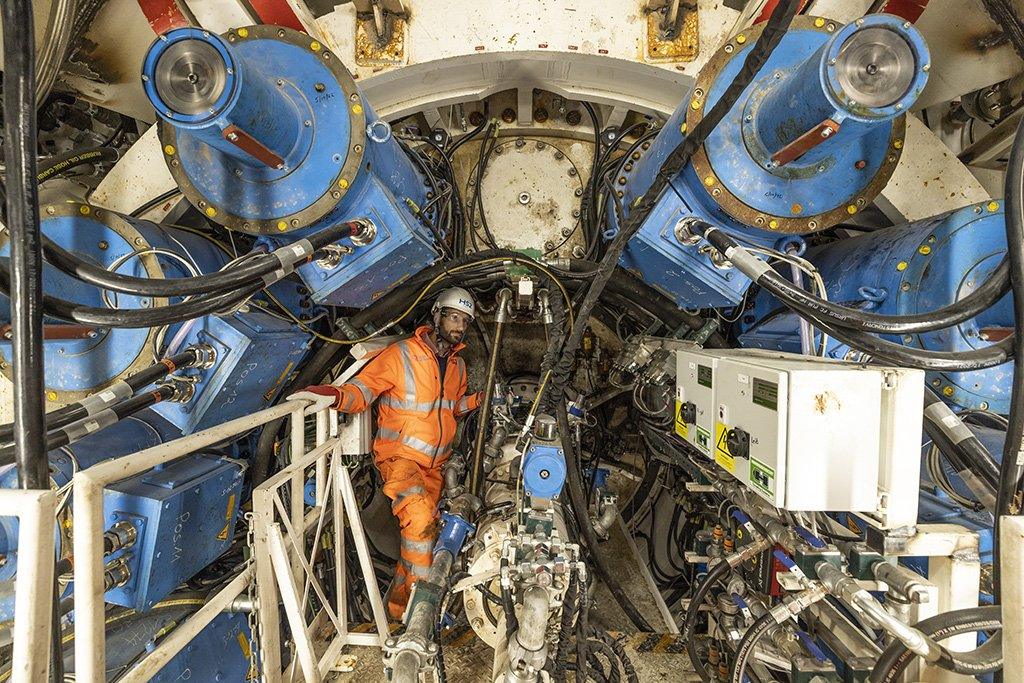 Construction worker inside one of the two Tunnel Boring Machines, run by HS2 ltd