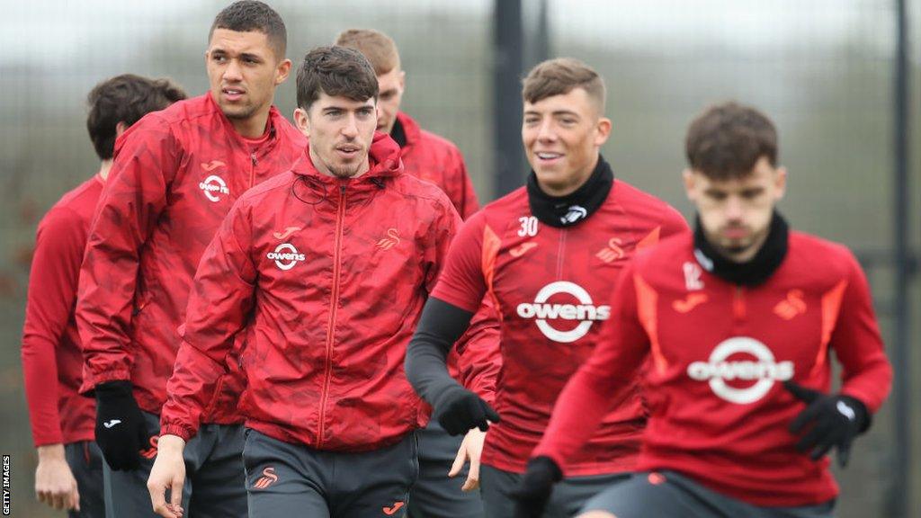 Nathan Wood, Josh Key, Harrison Ashby and Jamie Paterson in action during Swansea City training this week