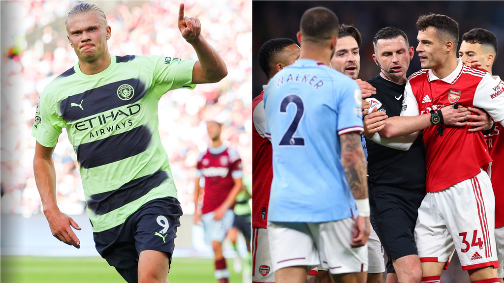 Two images side by side with one featuring Erling Haaland of Manchester City and the other Granit Xhaka of Arsenal