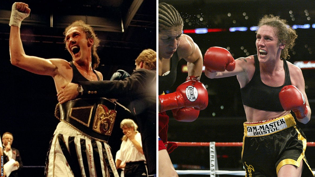 Split image of Jane Couch with a world title and fighting in the ring