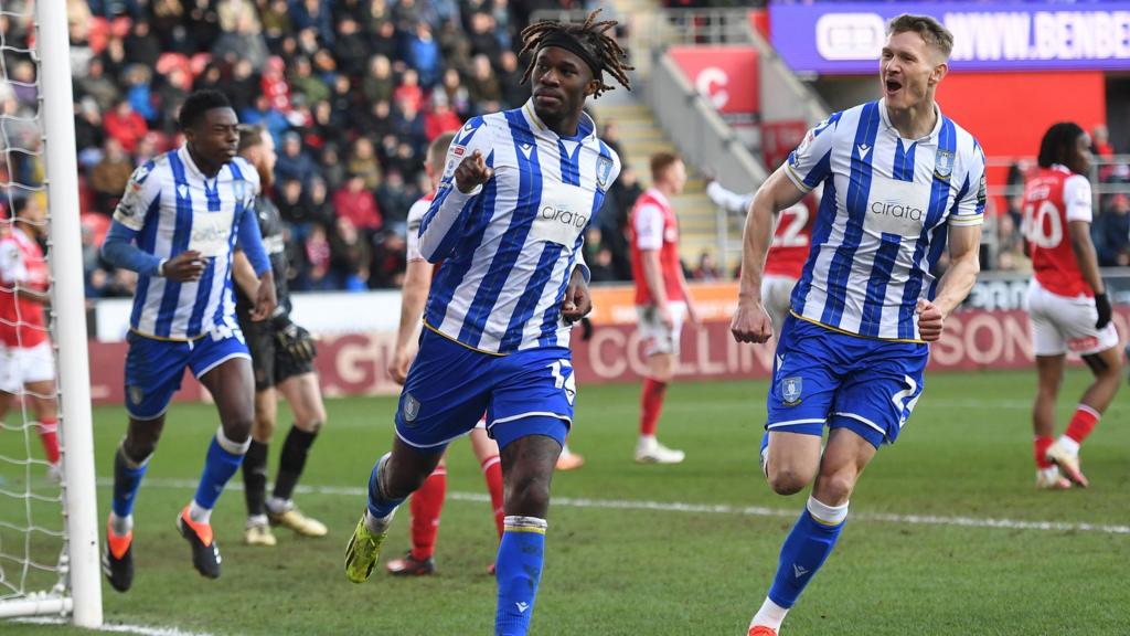 Ike Ugbo celebrates scoring for Sheff Wed at Rotherham