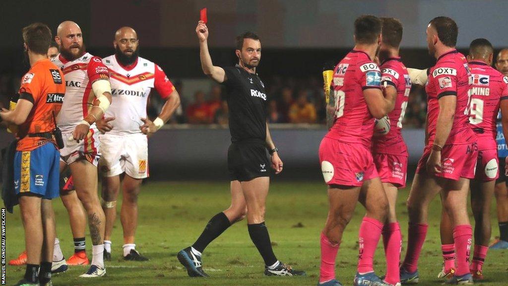 The sending-off of Catalans forward Gil Dudson (second left) preceded the ugly crowd scenes in Perpignan