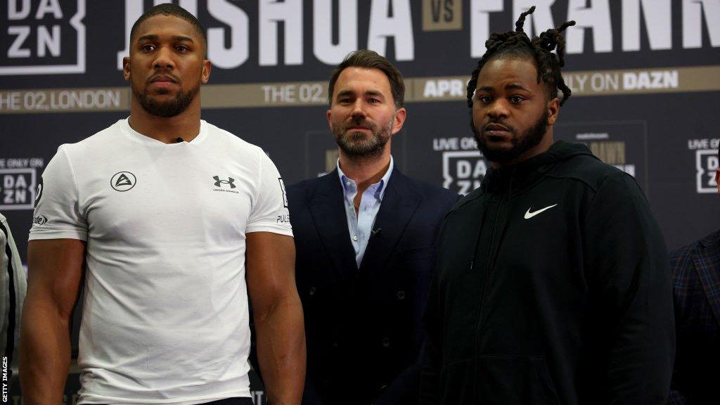 Anthony Joshua, Eddie Hearn and Jermaine Franklin pose for cameras