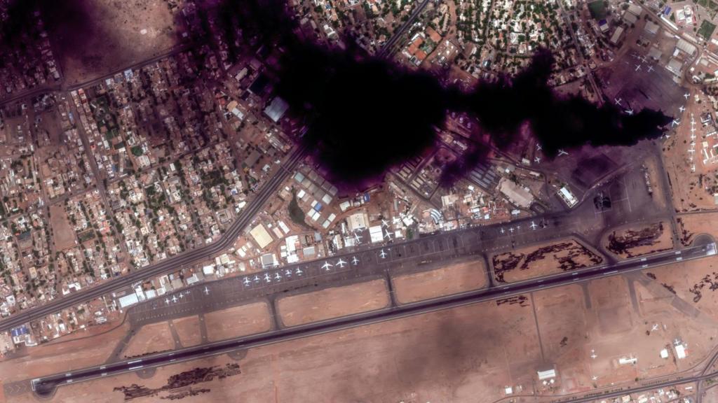 Satellite image shows smoke at Khartoum international airport