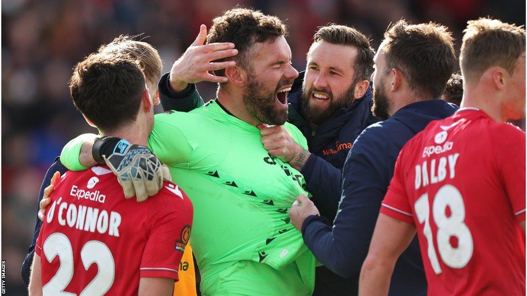 Ben Foster celebrates with Wrexham team-mates