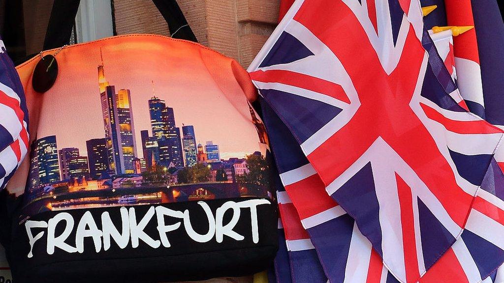 British flags and souvenir bags in a Frankfurt gift shop during the visit by Queen Elizabeth II and Prince Philip to the city on June 25, 2015