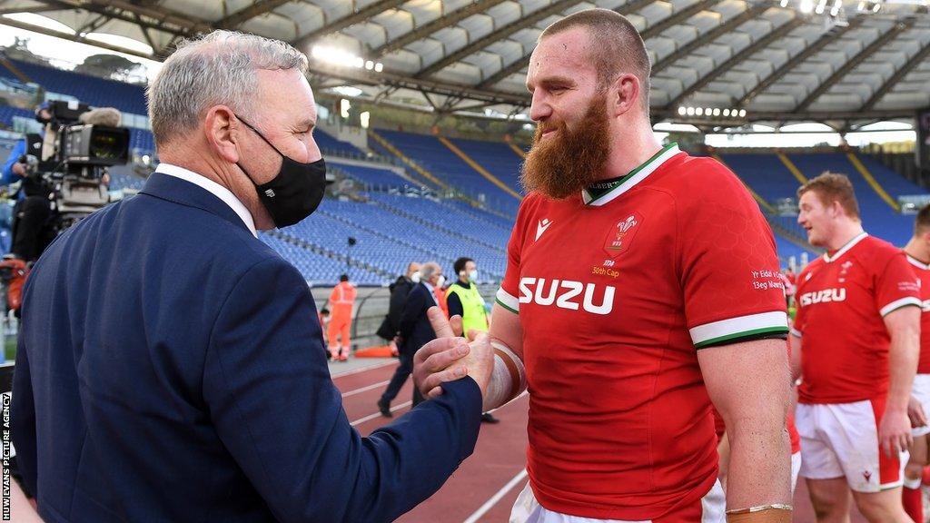 Wayne Pivac congratulates Jake Ball after Wales' Six Nations win over Italy in Rome in 2021