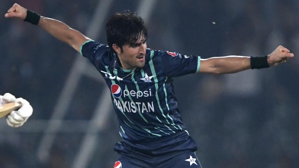 Pakistan bowler Mohammad Wasim celebrates taking a wicket