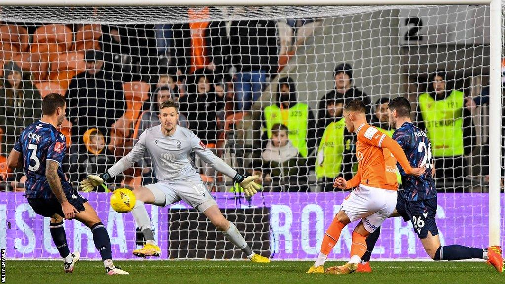 Blackpool scoring a goal against Nottingham Forest