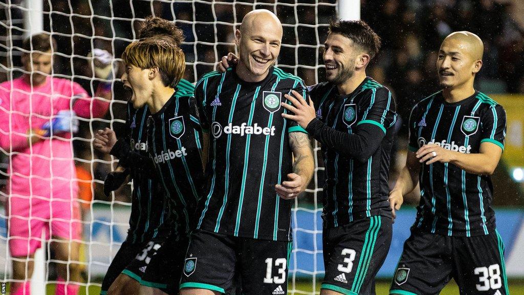 Celtic celebrate as the win 4-0 at Easter Road on 28 December