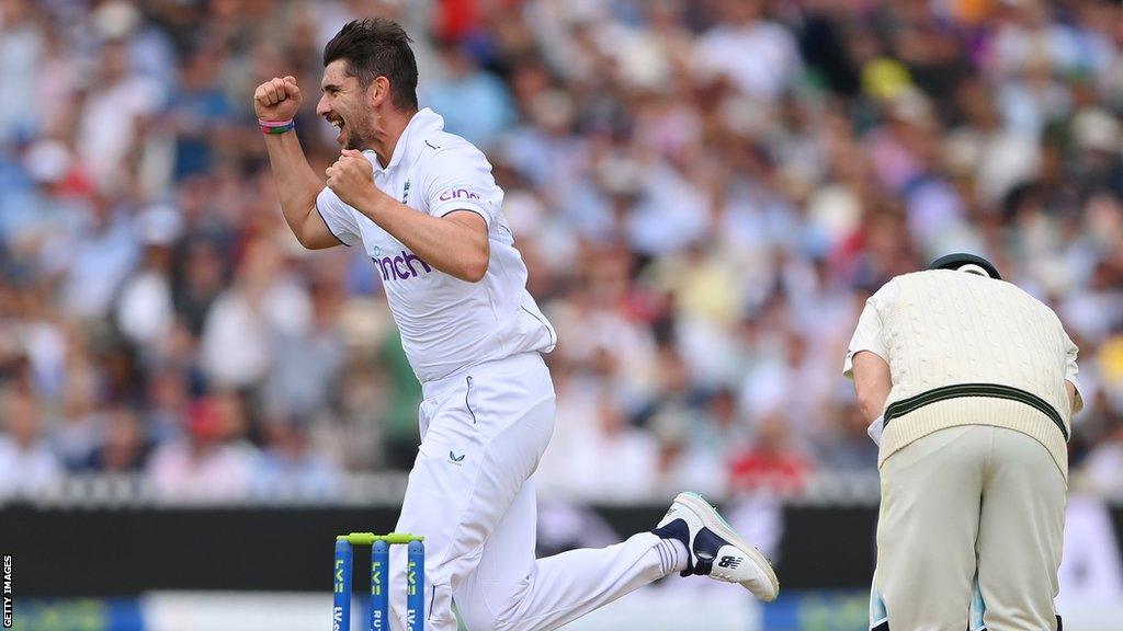 England's Josh Tongue celebrates the wicket of Australia's Steve Smith