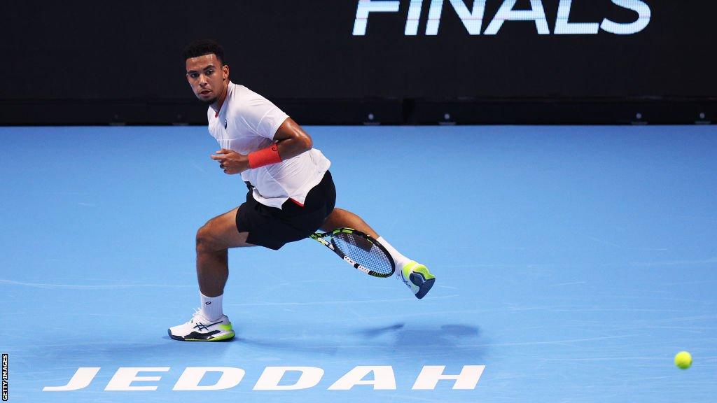 Arthur Fils of France plays a shot in his second round robin match against Fabio Cobolli of Italy during day two of the Next Gen ATP Finals in Jeddah, Saudi Arabia