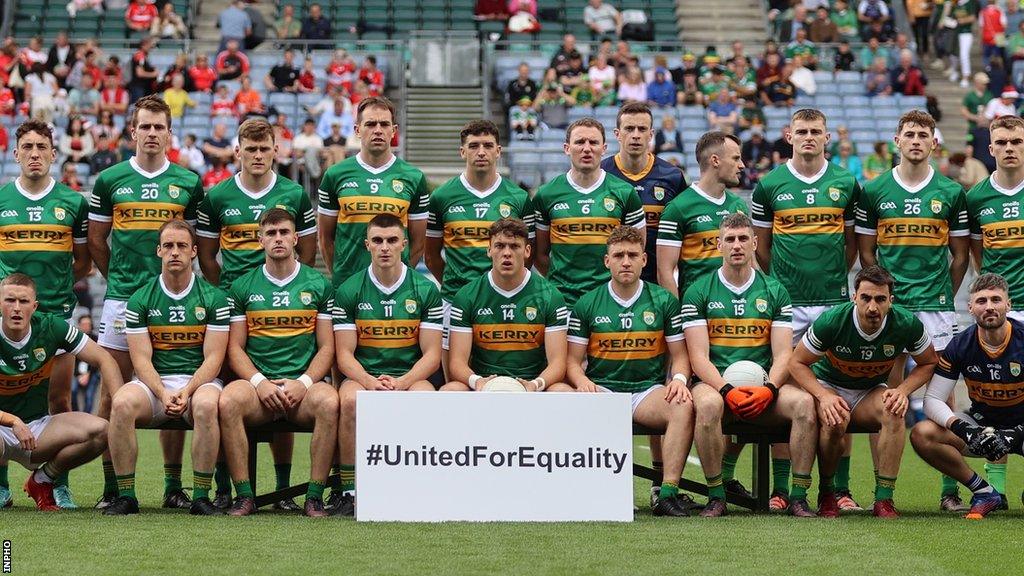 The Kerry team pose in front of a GPA-organised United for Equality banner prior to last July's All-Ireland Football semi-final at Croke Park