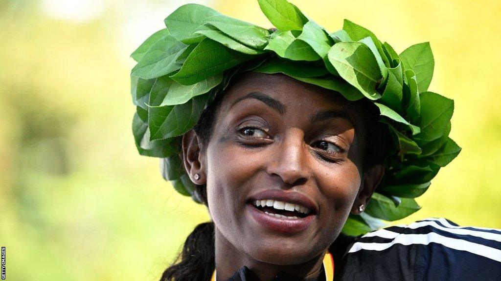 Tigist Assefa after winning the Berlin marathon