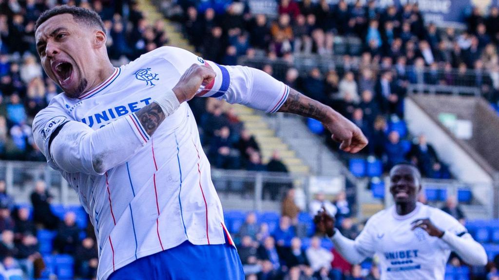 James Tavernier celebrates after scoring a penalty for Rangers against St Johnstone