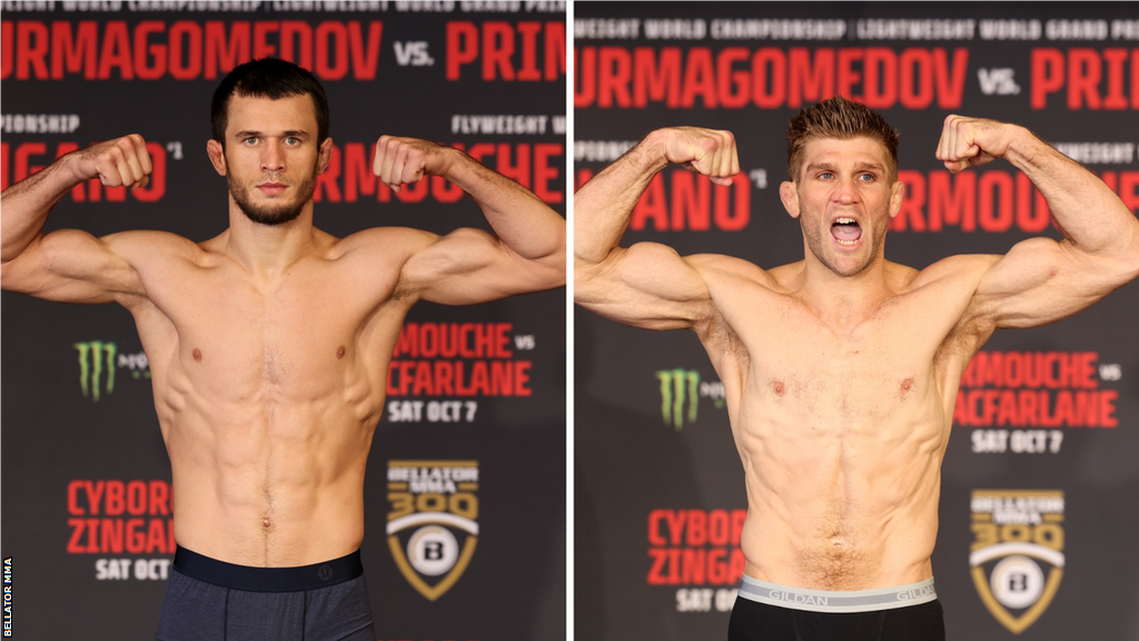 Usman Nurmagomedov weighs in beside a picture of Brent Primus on the scales